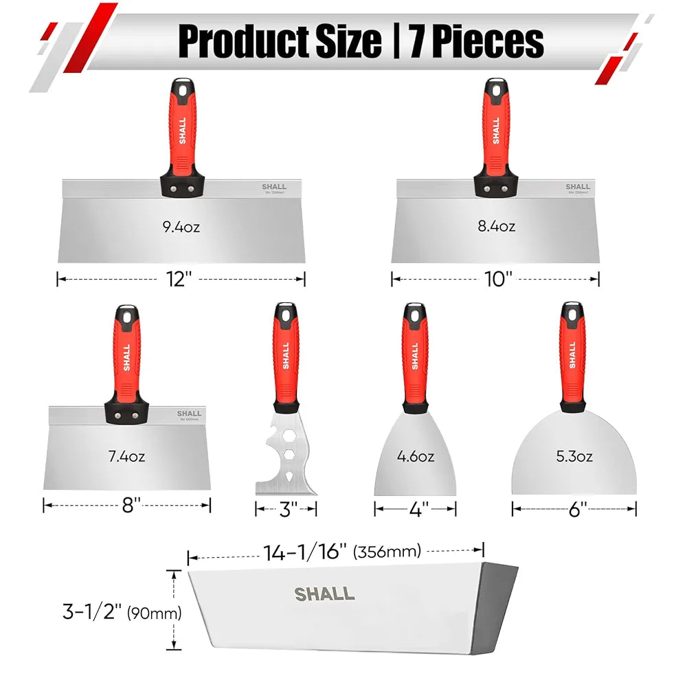 SHALL Drywall Tool Kit, 7 Pcs Stainless Steel, Includes Putty Knife, Taping Knife, Painter Scraper Tool & 12" Mud Pan for Joint Taping, Finishing, Patching