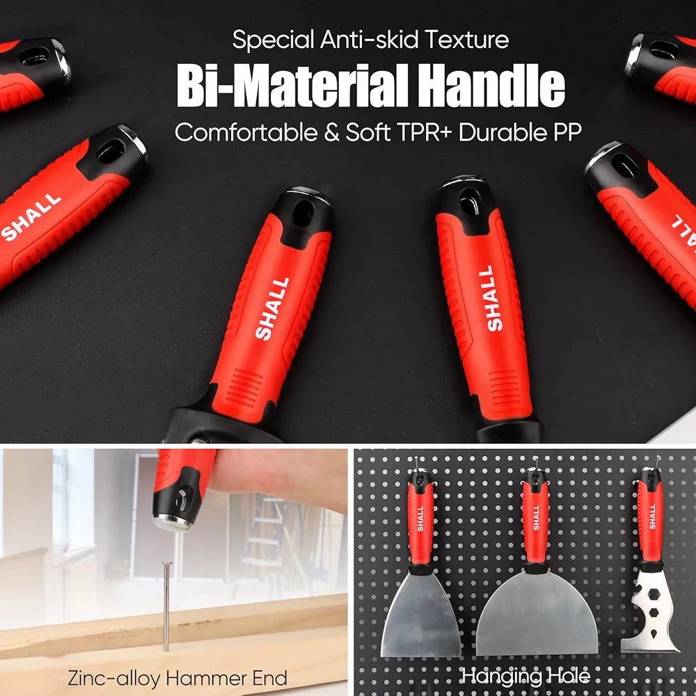 SHALL Drywall Tool Kit, 7 Pcs Stainless Steel, Includes Putty Knife, Taping Knife, Painter Scraper Tool & 12" Mud Pan for Joint Taping, Finishing, Patching