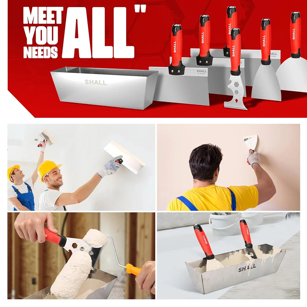 SHALL Drywall Tool Kit, 7 Pcs Stainless Steel, Includes Putty Knife, Taping Knife, Painter Scraper Tool & 12" Mud Pan for Joint Taping, Finishing, Patching