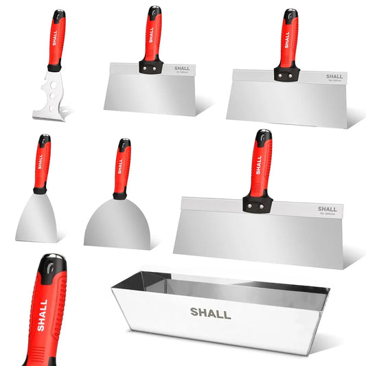 SHALL Drywall Tool Kit, 7 Pcs Stainless Steel, Includes Putty Knife, Taping Knife, Painter Scraper Tool & 12" Mud Pan for Joint Taping, Finishing, Patching