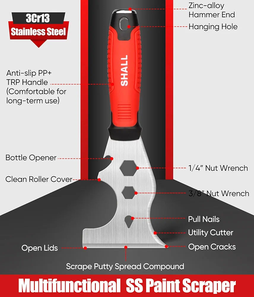 SHALL Drywall Tool Kit, 7 Pcs Stainless Steel, Includes Putty Knife, Taping Knife, Painter Scraper Tool & 12" Mud Pan for Joint Taping, Finishing, Patching